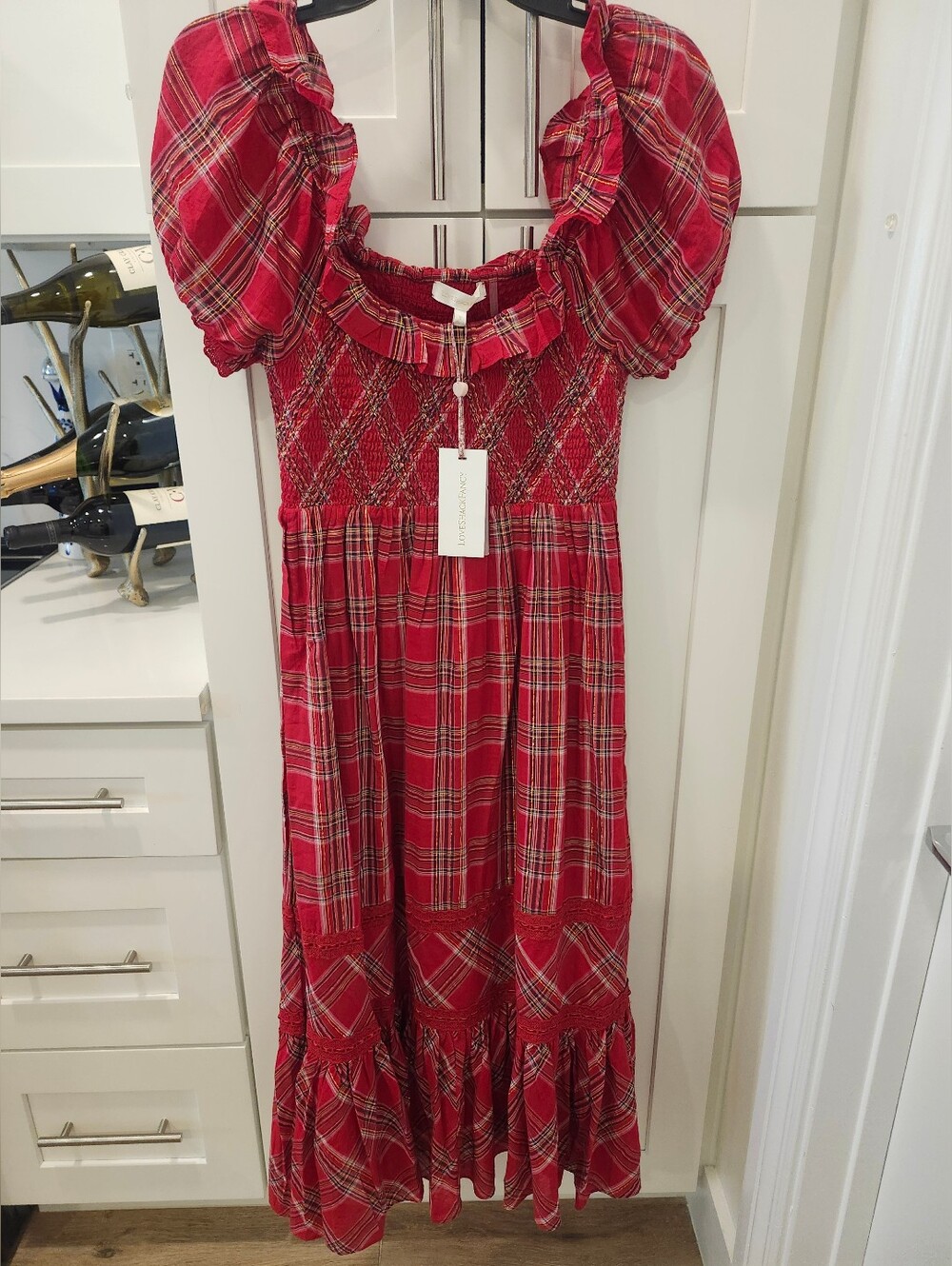LoveShackFancy LondonTartan Gerania Red Plaid Smocked Midi Dress Sz S NWT - Picture 7 of 15